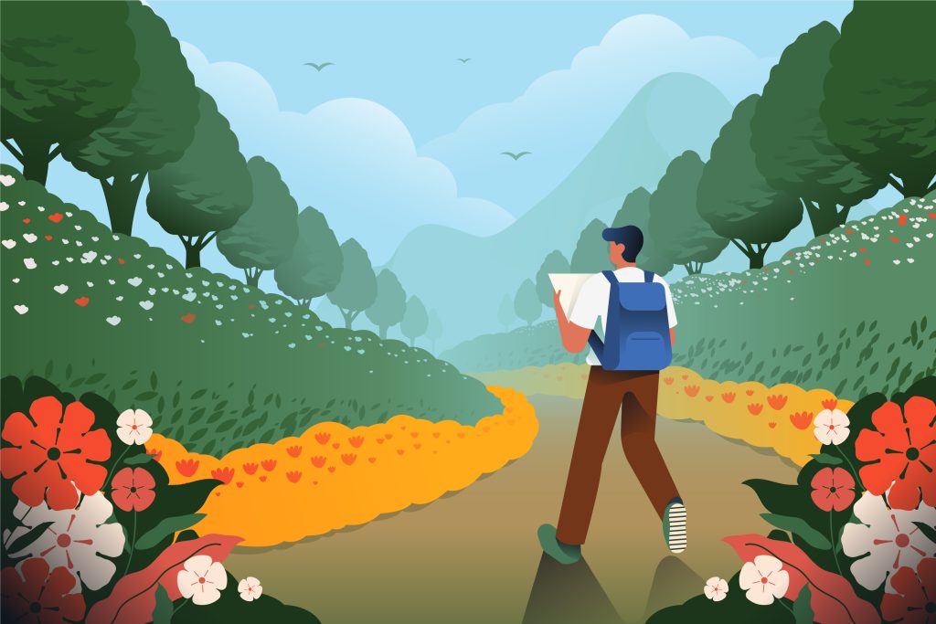 illustrazione camminata in un bosco