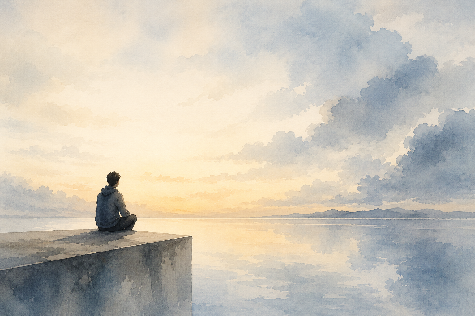 Illustrazione ad acquerello che rappresenta la motivazione: una persona seduta osserva un paesaggio calmo tra cielo e acqua.